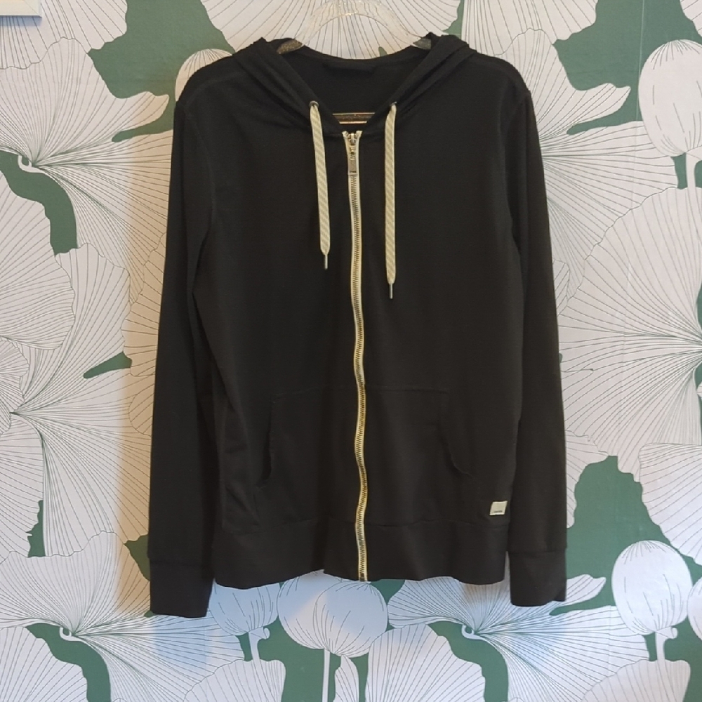Vuori Halo Black Zip-Up Hoodie with White Drawstrings